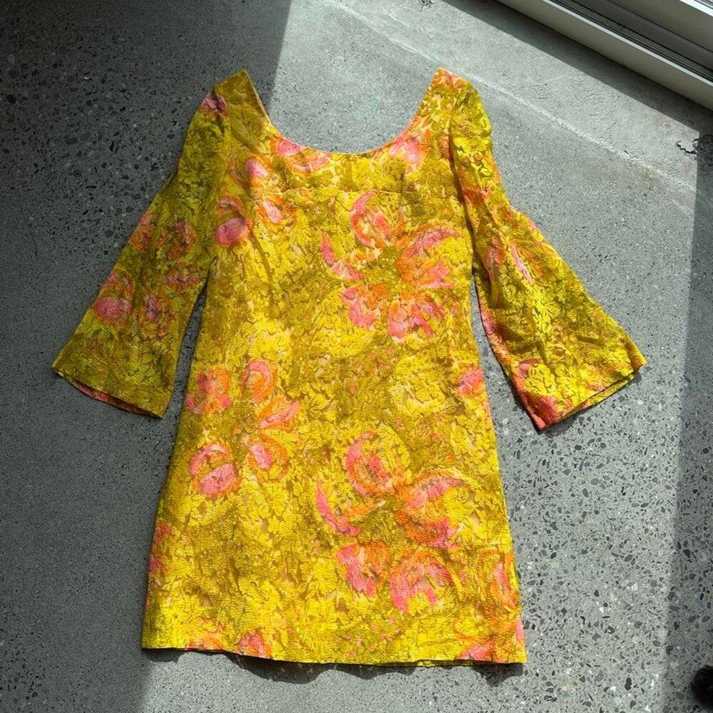 Young Edwardian by Arpeja Women’s Sm Yellow Floral Brocade Mini Dress 60s Mod